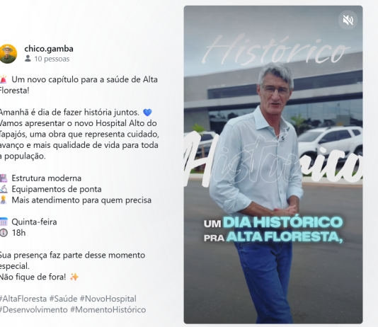 Gamba anuncia nas midias sociais, inauguração do Hospital Regional com estrutura moderna