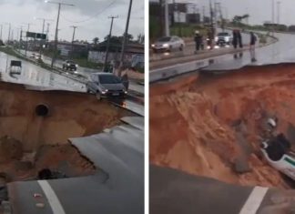 Chuva abre cratera e engole carro e motos na Grande Fortaleza
