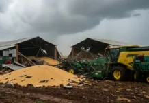Vendaval derruba dois armazéns e causa estragos em fazenda de Cláudia