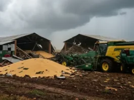 Vendaval derruba dois armazéns e causa estragos em fazenda de Cláudia