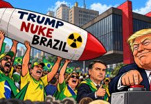 Míssil com pedido de ataque nuclear ao Brasil causa polêmica em ato de Flávio Bolsonaro