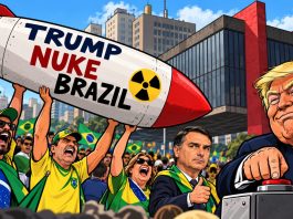 Míssil com pedido de ataque nuclear ao Brasil causa polêmica em ato de Flávio Bolsonaro