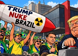 Míssil com pedido de ataque nuclear ao Brasil causa polêmica em ato de Flávio Bolsonaro