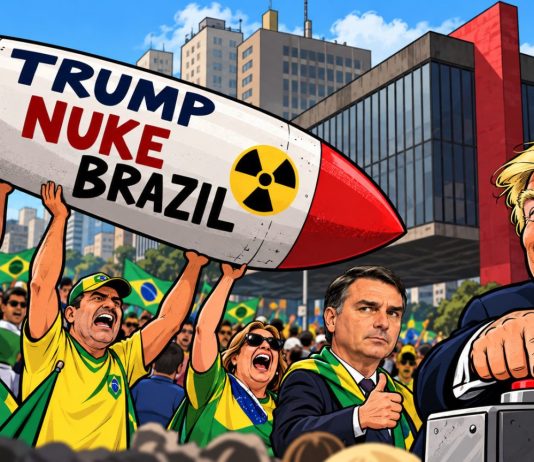 Míssil com pedido de ataque nuclear ao Brasil causa polêmica em ato de Flávio Bolsonaro
